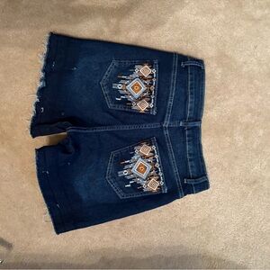 Embroidered Denim Shorts with Fringe Hem